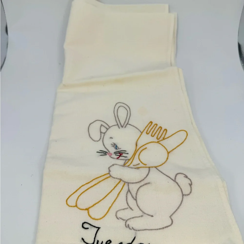 VTG Hand Embroidered Tea Towel Bunny Rabbit Tuesday
